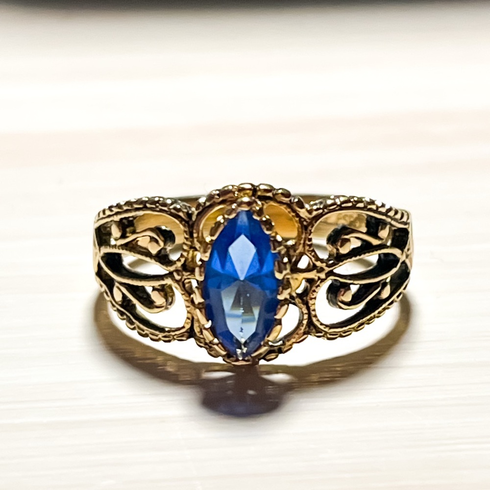 Antique 14k ge espo ring blue stone marquise cut size 8